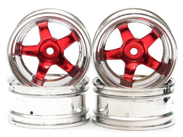 Team Raffee & Co 5-Spoke Wheel Set (4Pcs) Chrome + Red For 1/10 RC Car (6mm Offset) BRTR-2002.6