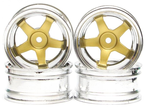 Team Raffee & Co 5-Spoke Wheel Set (4Pcs) Chrome + Gold For 1/10 RC Car (3mm Offset) BRTR-2003.6
